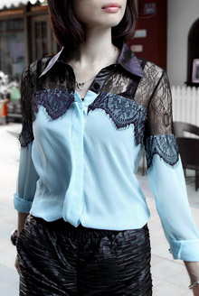 bub0015(bsb4041) 시스루레이스 카라배색 셔츠. 명품스타일여성의류